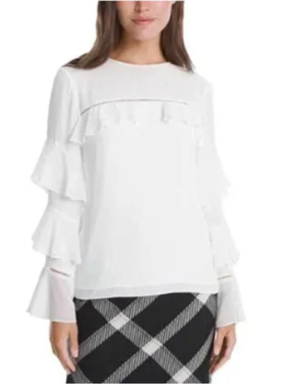 White House Black Market White Ruffle Tiered-Sleeve Long Sleeve Top